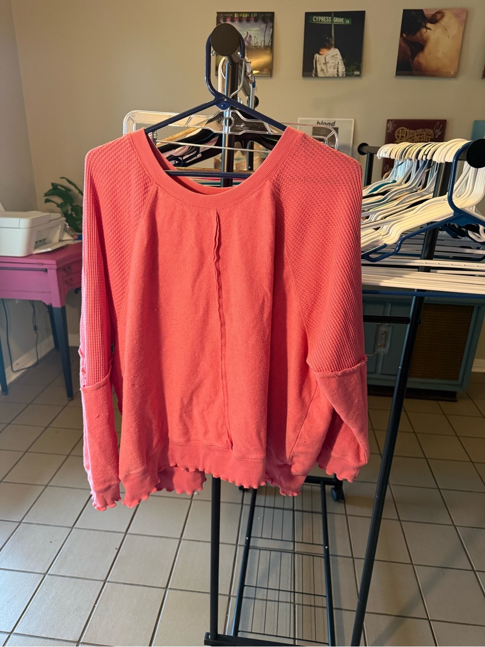 Altar'd State Coral Waffle-Sleeve Pullover